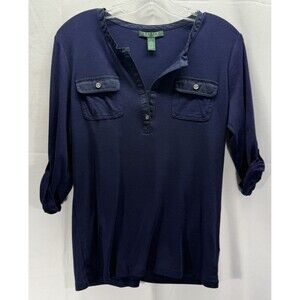 Lauren Ralph Lauren Shirt Womens Top Size L 3/4 Roll Tab Sleeve Button Navy